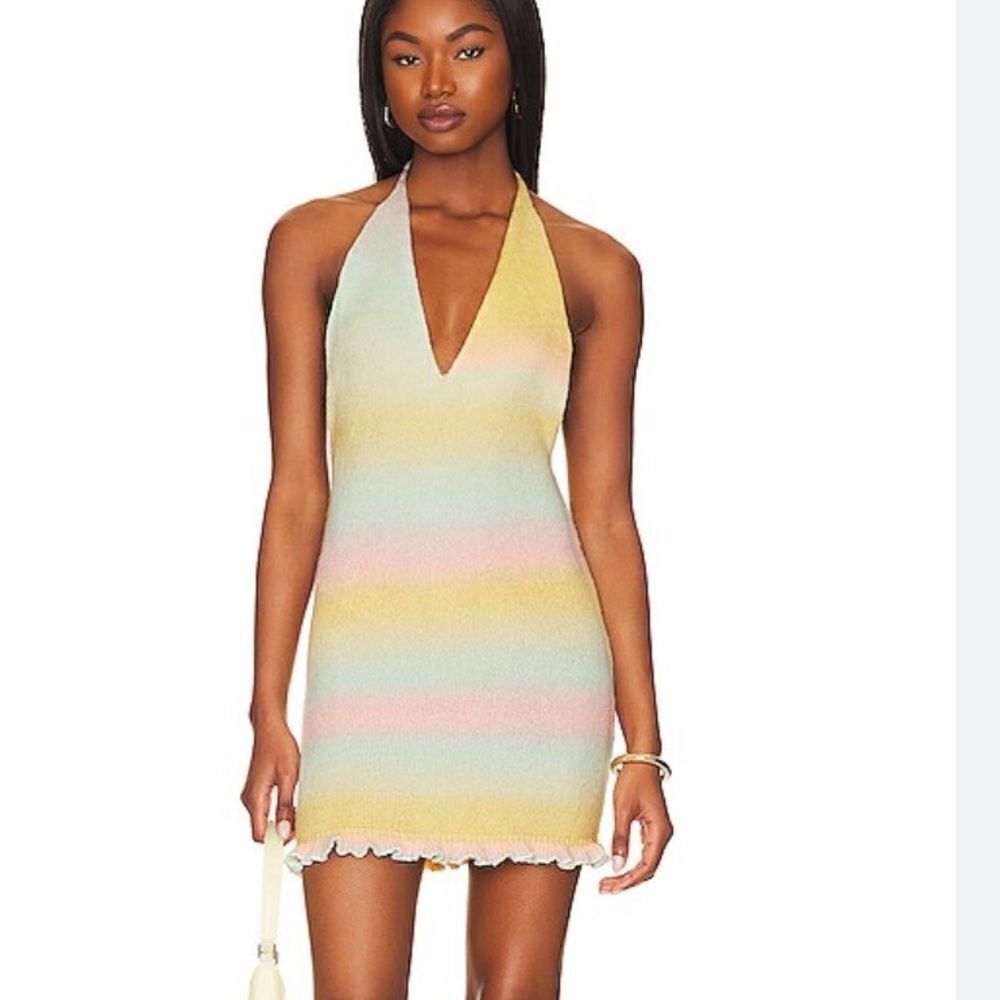 NWT More To Come Evie Halter Knit Dress in Yellow Multi stripe Revolve M
